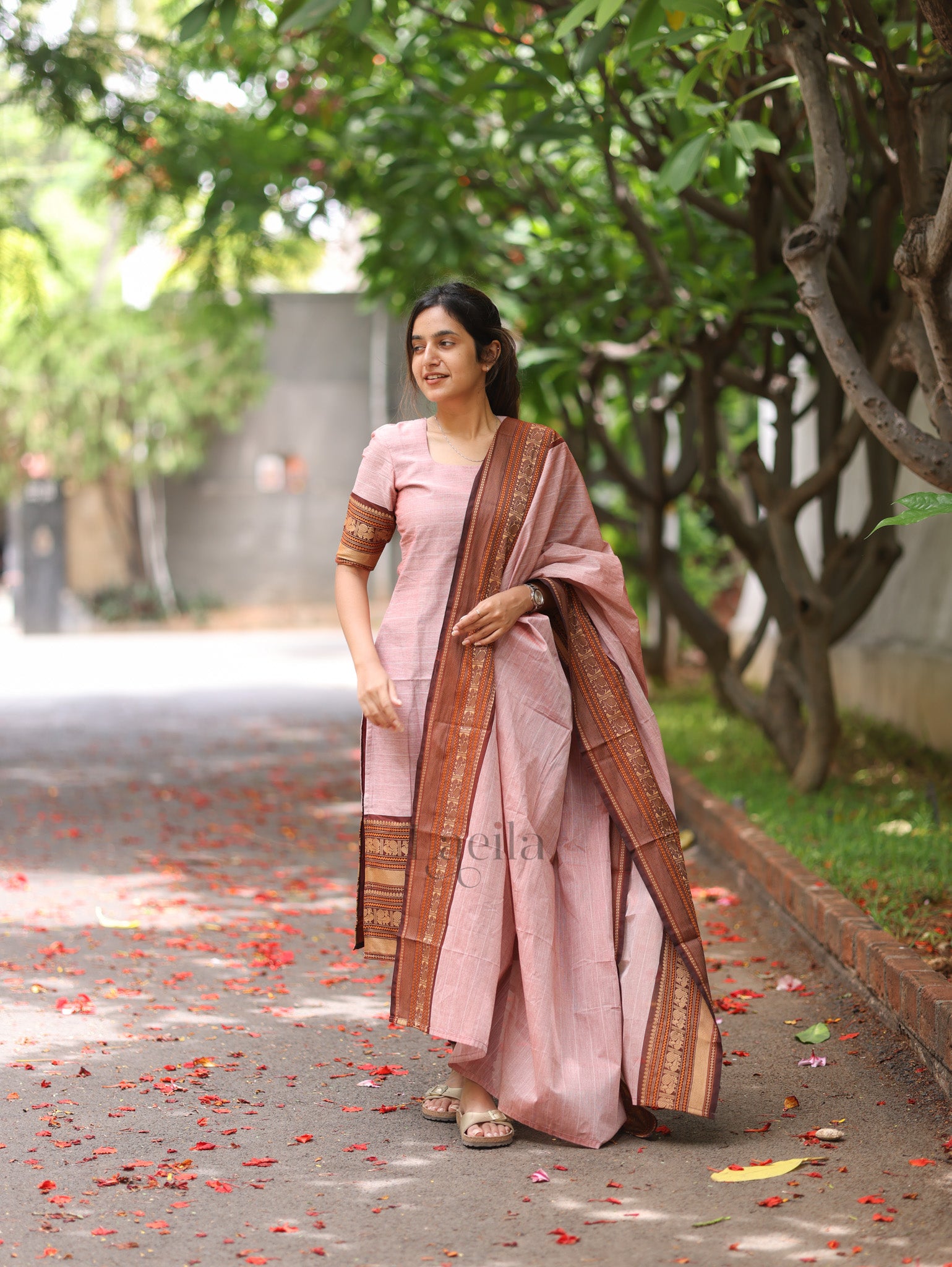 Pink Meenakshi-Pure kanchi cotton top and duppata set